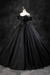 Black Tulle Floor Length A-Line Prom Dress Outfits For Girls, Off the Shoulder Evening Party Dress