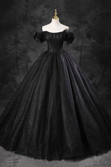 Black Tulle Floor Length A-Line Prom Dress Outfits For Girls, Off the Shoulder Evening Party Dress