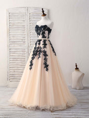 Black Tulle Lace Applique Long Prom Dress Outfits For Girls, Black Evening Dress