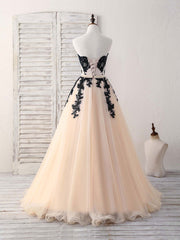 Black Tulle Lace Applique Long Prom Dress Outfits For Girls, Black Evening Dress