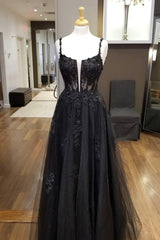 Black Tulle Lace Long Prom Dress Outfits For Girls, A-Line Spaghetti Straps Evening Dress