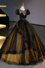 Black Tulle Lace Long Prom Dresses For Black girls For Women, Black Short Sleeve Evening Dresses