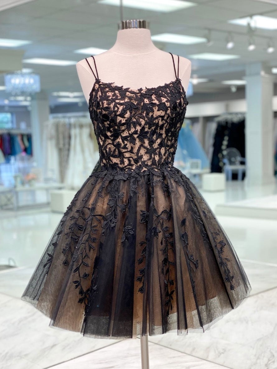 Black tulle lace short prom Dress Outfits For Girls, black tulle lace homecoming dress