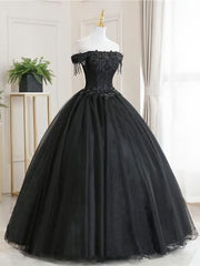 Black Tulle Off Shoulder Lace Long Prom Dress Outfits For Girls, Black Evening Dress