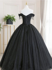 Black Tulle Off Shoulder Lace Long Prom Dress Outfits For Girls, Black Evening Dress