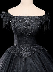 Black Tulle Off Shoulder with Lace Applique Party Dress Outfits For Girls, Black Tulle Long Sweet 16 Dress
