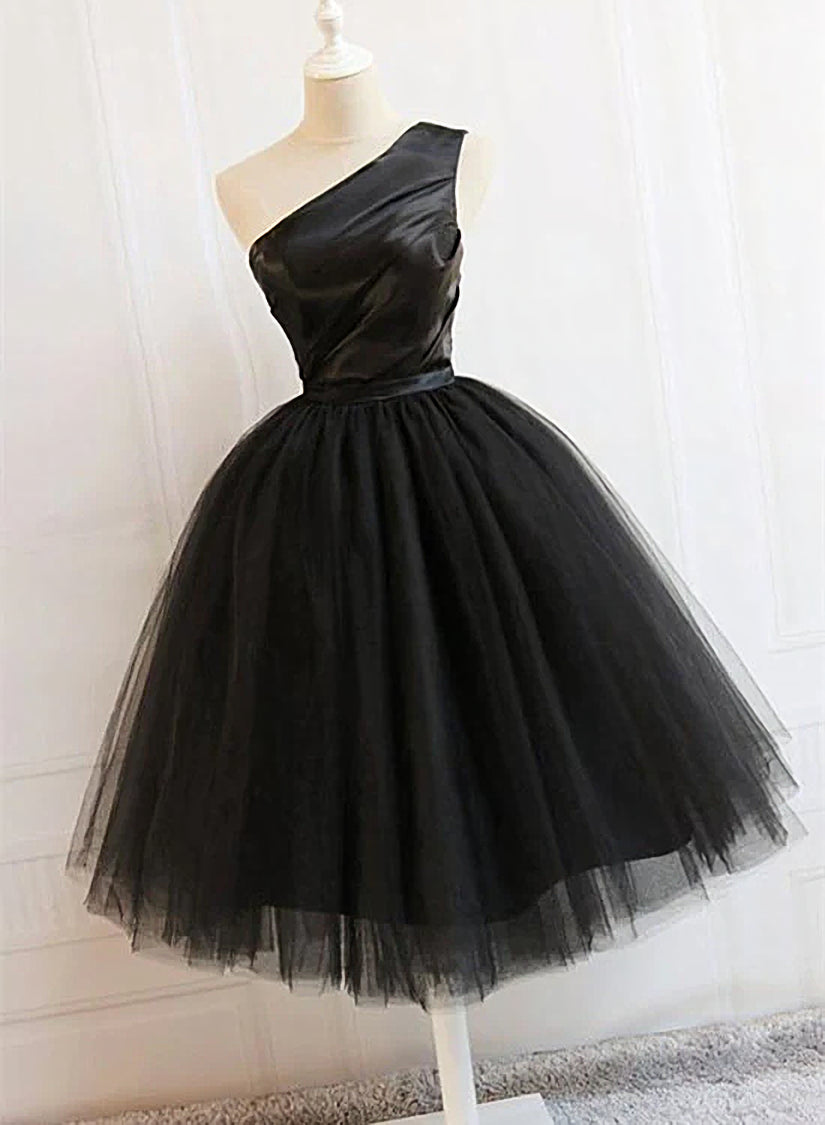 Black Tulle One Shoulder Elegant Tea Length Party Dress Outfits For Girls, Black Formal Dress