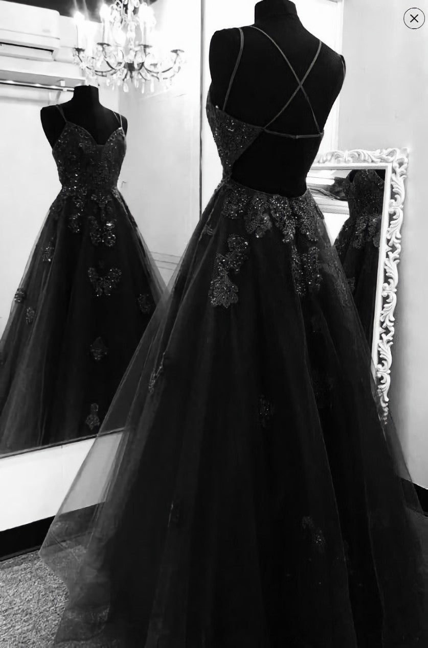 Black Tulle Open Back Prom Dress Outfits For Women A-line Formal Dresses For Black girls Long