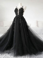 Black Tulle Party Dress Outfits For Women with Lace Long Prom Dress Outfits For Girls, Pretty Black Evening Dress