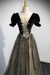 Black Tulle Sequins Long Prom Dress Outfits For Girls, Black A-Line Formal Evening Dress