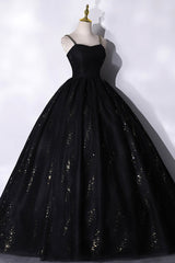 Black Tulle Sequins Long Prom Dress Outfits For Girls, Black Spaghetti Straps Evening Dress