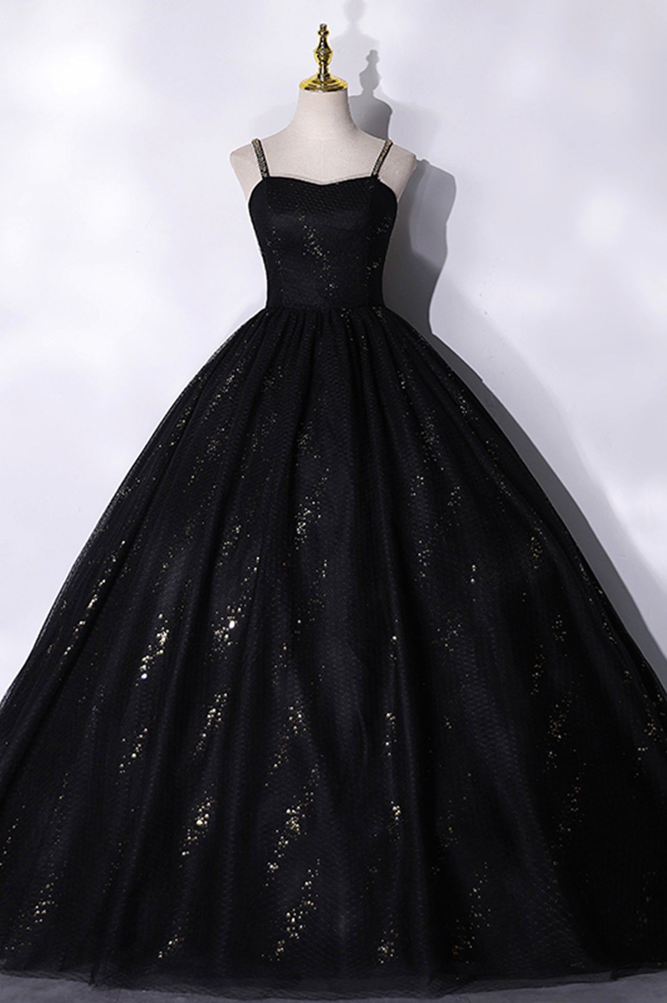 Black Tulle Sequins Long Prom Dress Outfits For Girls, Black Spaghetti Straps Evening Dress