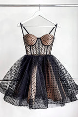Black Tulle Spaghetti Straps Short Homecoming Dress Outfits For Girls, A-Line Evening Party Dress