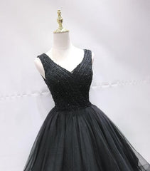 Black Tulle V Back Beaded Knee Length Homecoming Dress Outfits For Girls, Black Short Party Dress