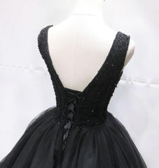 Black Tulle V Back Beaded Knee Length Homecoming Dress Outfits For Girls, Black Short Party Dress