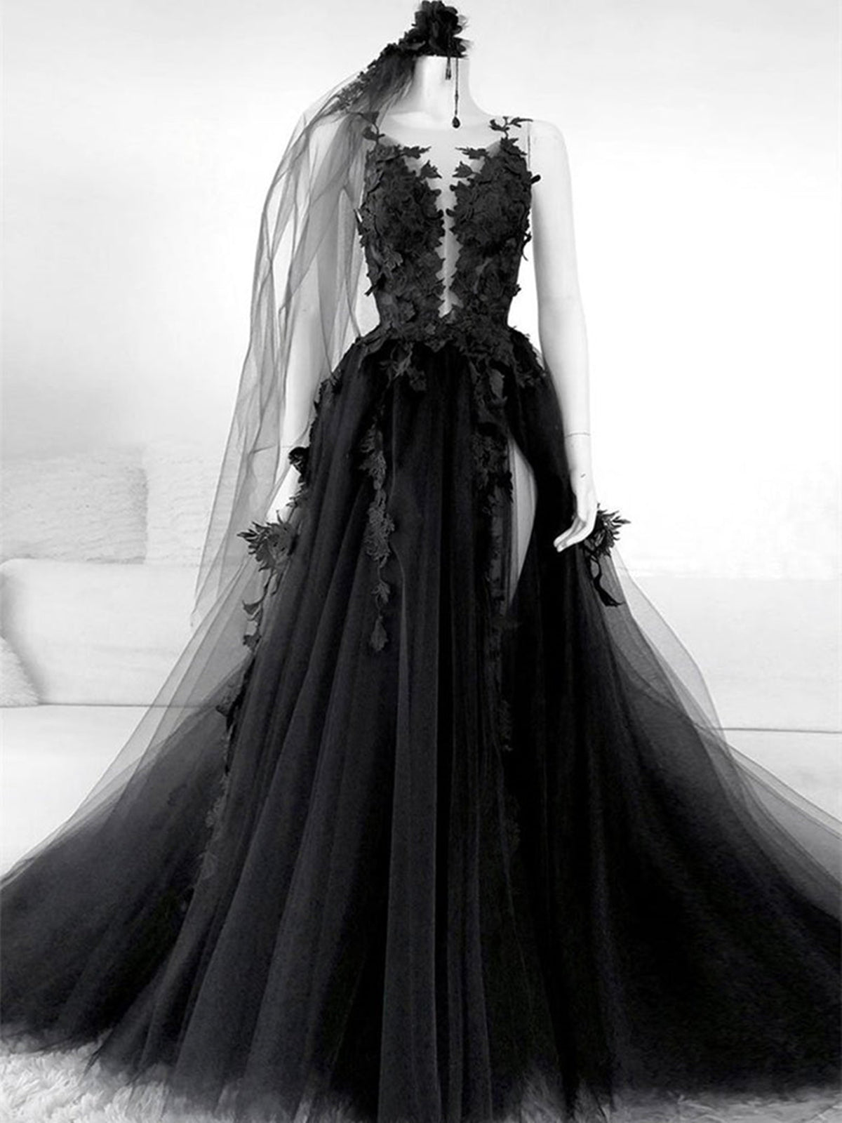 Black V Neck Backless Lace Wedding Dresses For Black girls For Women,Open Back Black Bridal Gown