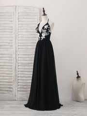 Black V Neck Chiffon Lace Long Prom Dress Outfits For Women Black Evening Dress
