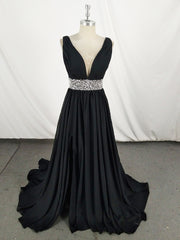 Black V Neck Chiffon Sequin Long Prom Dress Outfits For Girls, Black Evening Dress