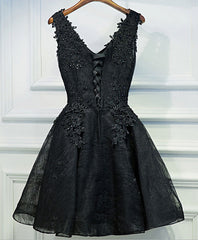 Black V Neck Lace Short Prom Dress Outfits For Girls, Black Cute Homecoming Dresses