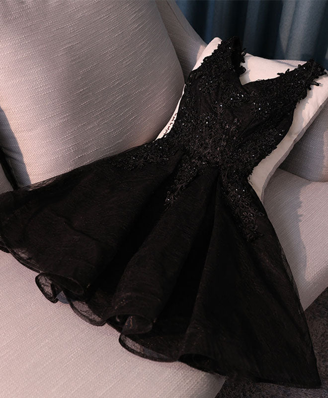 Black V Neck Lace Short Prom Dress Outfits For Girls, Black Cute Homecoming Dresses