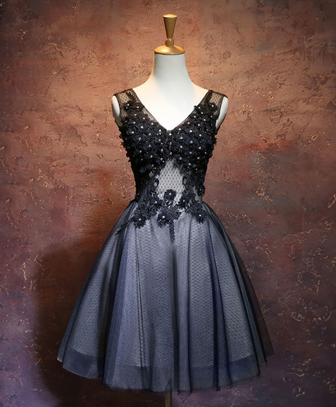 Black V Neck Lace Short Prom Dress Outfits For Girls, Black Evening Dress