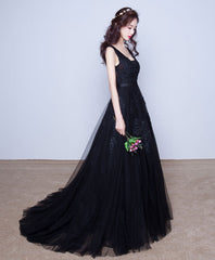 Black V Neck Tulle Lace Prom Dress Outfits For Girls, Lace Evening Dress
