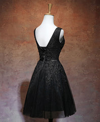 Black V Neck Tulle Lace Short Prom Dress Outfits For Girls, Black Homecoming Dresses
