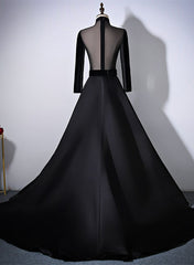 Black Velvet and Satin Long Sleeves See Through Back Formal Dress Outfits For Girls, Black Evening Dress