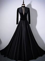 Black Velvet and Satin Long Sleeves See Through Back Formal Dress Outfits For Girls, Black Evening Dress