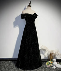 Black Velvet Off Shoulder Long Party Dress Outfits For Girls, Black Simple Prom Dress