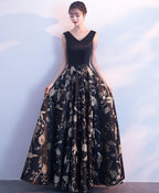 Black V Neck Floral Pattern Long Prom Dress, Evening Dress