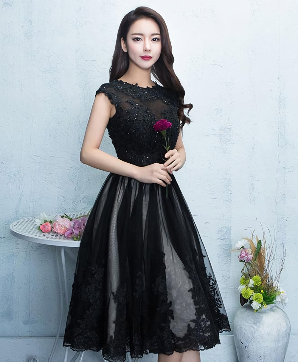 Black Round Neck Lace Tulle Short Prom Dress, Black Evening Dress, 1