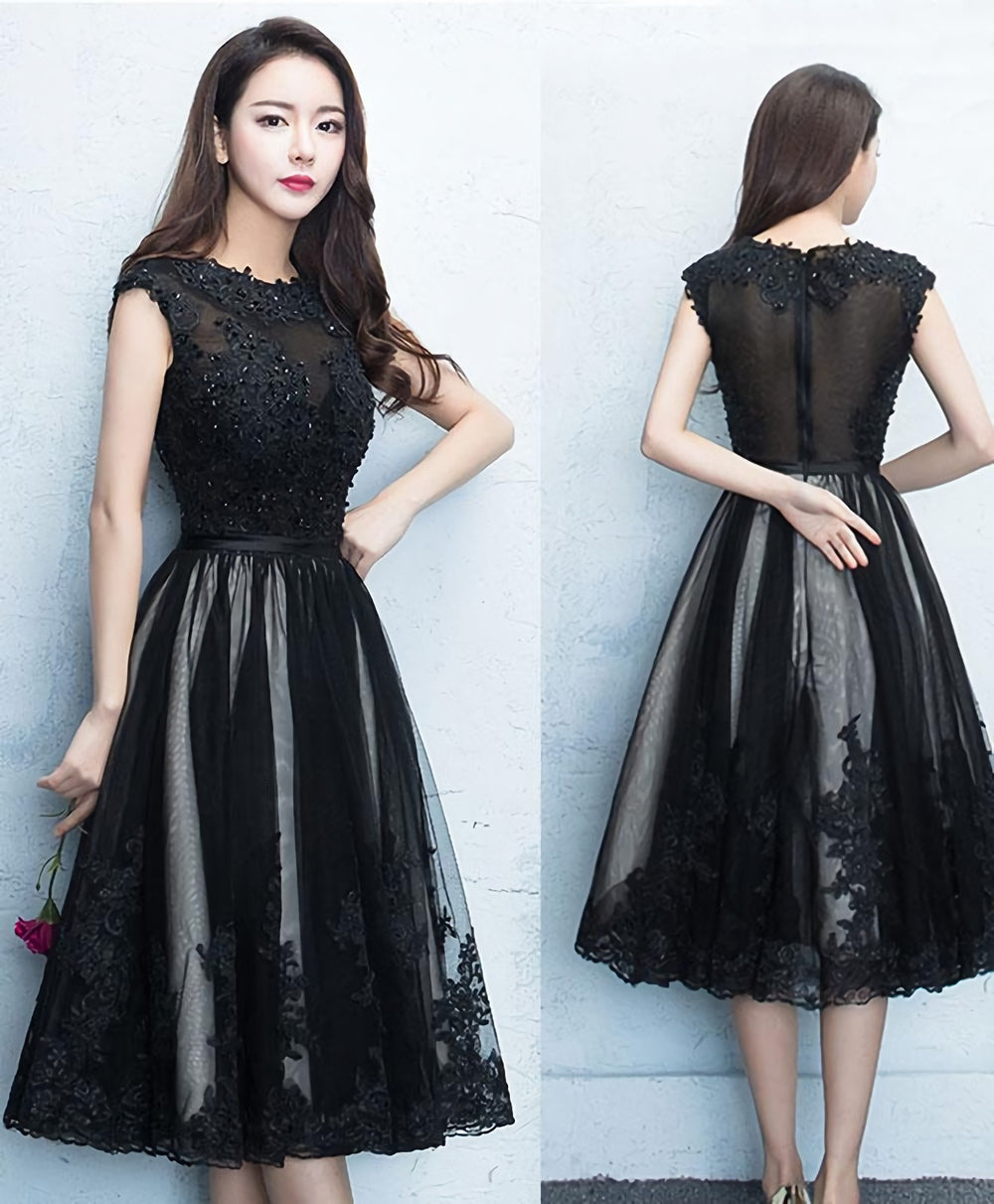 Black Round Neck Lace Tulle Short Prom Dress, Black Evening Dress, 1