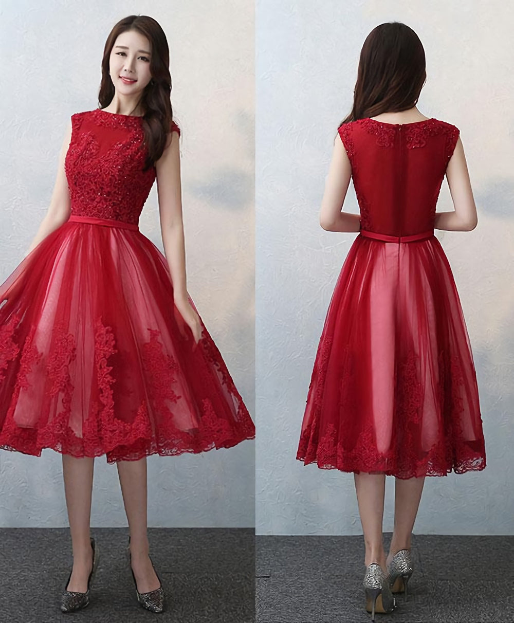 Black Round Neck Lace Tulle Short Prom Dress, Black Evening Dress, 1