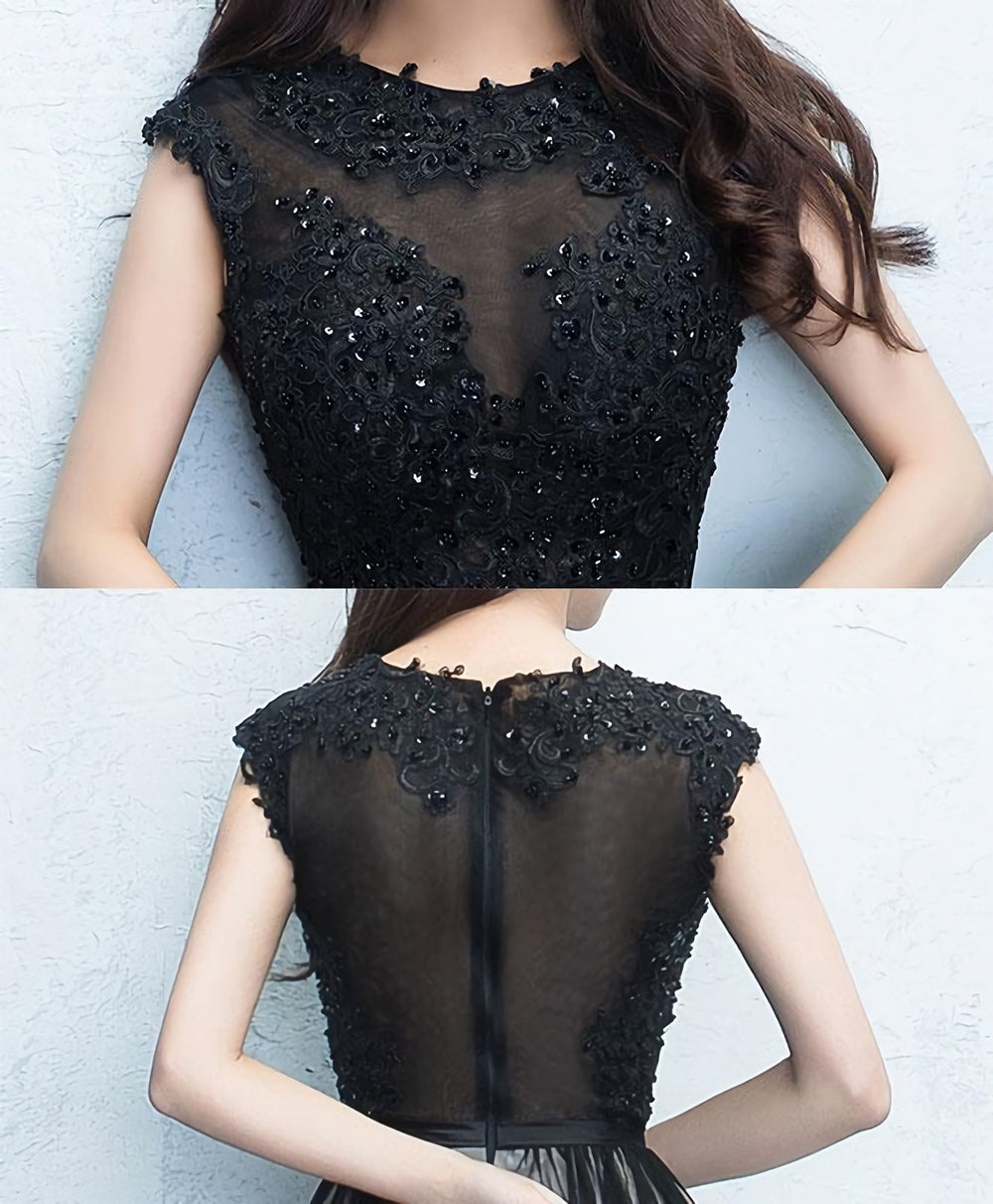 Black Round Neck Lace Tulle Short Prom Dress, Black Evening Dress, 1