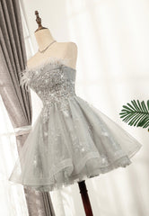 Gray Strapless Feather Short Prom Dresses, Cute Party Dresses