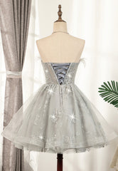 Gray Strapless Feather Short Prom Dresses, Cute Party Dresses