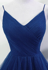 Blue A-line Straps Tulle Layers Long Party Dress Outfits For Girls, Blue Long Prom Dress