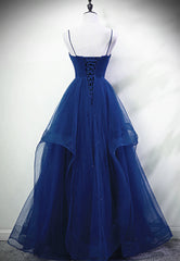 Blue A-line Straps Tulle Layers Long Party Dress Outfits For Girls, Blue Long Prom Dress