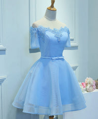 Blue A-Line Tulle Short Sleeve Lace Short Prom Dress Outfits For Girls, Blue Cute Homecoming Dress