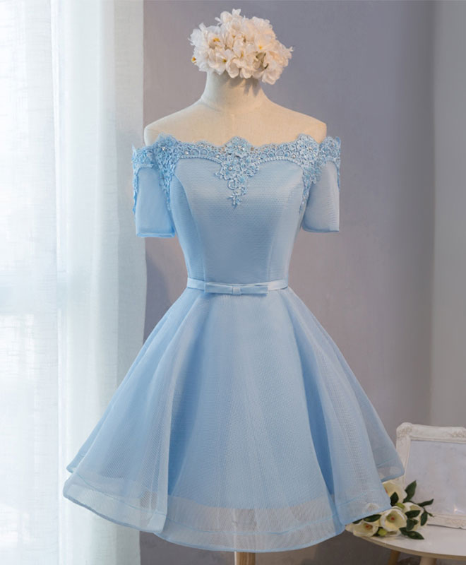 Blue A-Line Tulle Short Sleeve Lace Short Prom Dress Outfits For Girls, Blue Cute Homecoming Dress