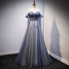 Blue and Grey Tulle Long Sweetheart Party Dress Outfits For Girls, Tulle A-line Formal Dress