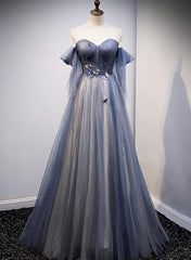 Blue and Grey Tulle Long Sweetheart Party Dress Outfits For Girls, Tulle A-line Formal Dress