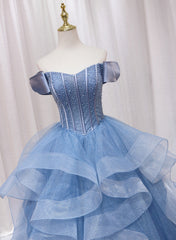 Blue Beaded Off Shoulder Tulle Long Formal Dress Outfits For Girls, Blue Evening Dress Outfits For Women Prom Dress