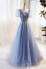 Blue Beaded Puff Sleeves A-line Tulle Long Prom Dress