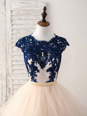 Blue/Champagne Tulle Lace Applique Long Prom Dress Outfits For Girls, Evening Dress