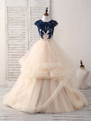 Blue/Champagne Tulle Lace Applique Long Prom Dress Outfits For Girls, Evening Dress