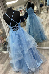 Blue Floral Appliques Lace-Up Tiered A-Line Prom Dress Outfits For Women Holiday Dresses