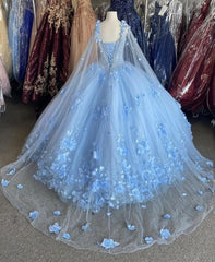 Blue flowers  tulle ball gown , chic prom dress