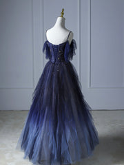 Blue Gradient Tulle Long Prom Dress Outfits For Girls,Beautiful Spaghetti Strap Celebrity Dresses
